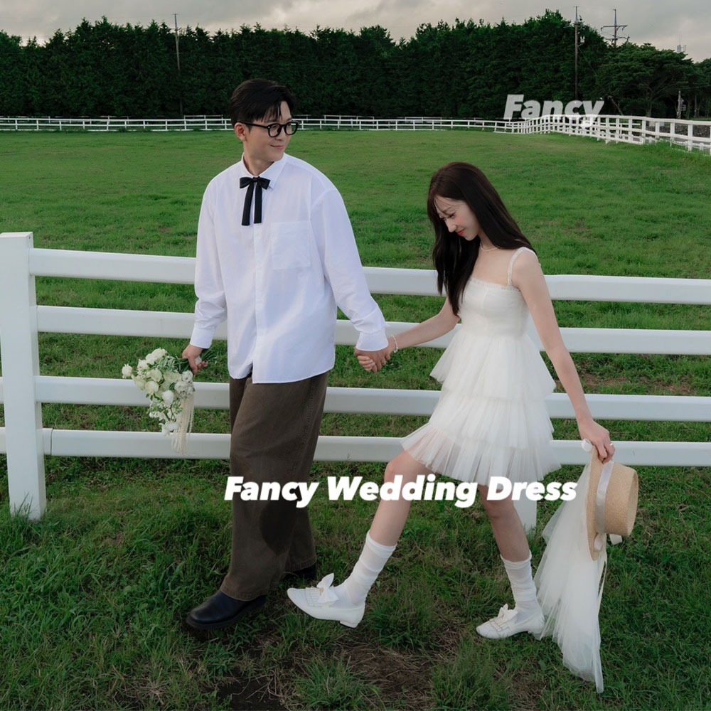 Fancy Simple Spaghetti Straps Korea Wedding Dresses Photo Shoot A Line Tulle Mini Evening Dresses Customized 웨딩드레스