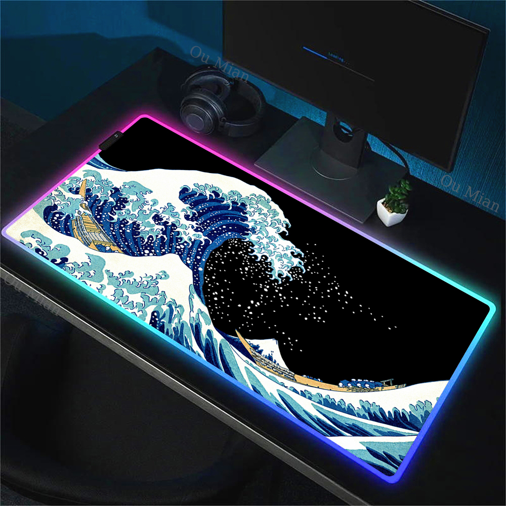 900 × 400 ミリメートル RGB マウスパッド神奈川沖浪裏デザイン防水バックライト付きゲーミングマウスパッドプロテクターラップトップ Accesso マット