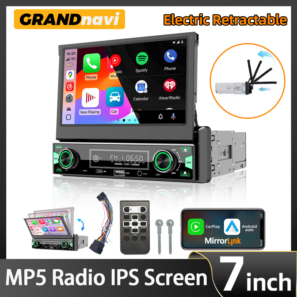 1DIN 7 インチ MP5 カーラジオプレーヤー FM AM RDS 自動格納式 IPS タッチスクリーンワイヤレス CarPlay Android 自動車カーステレオ GPS