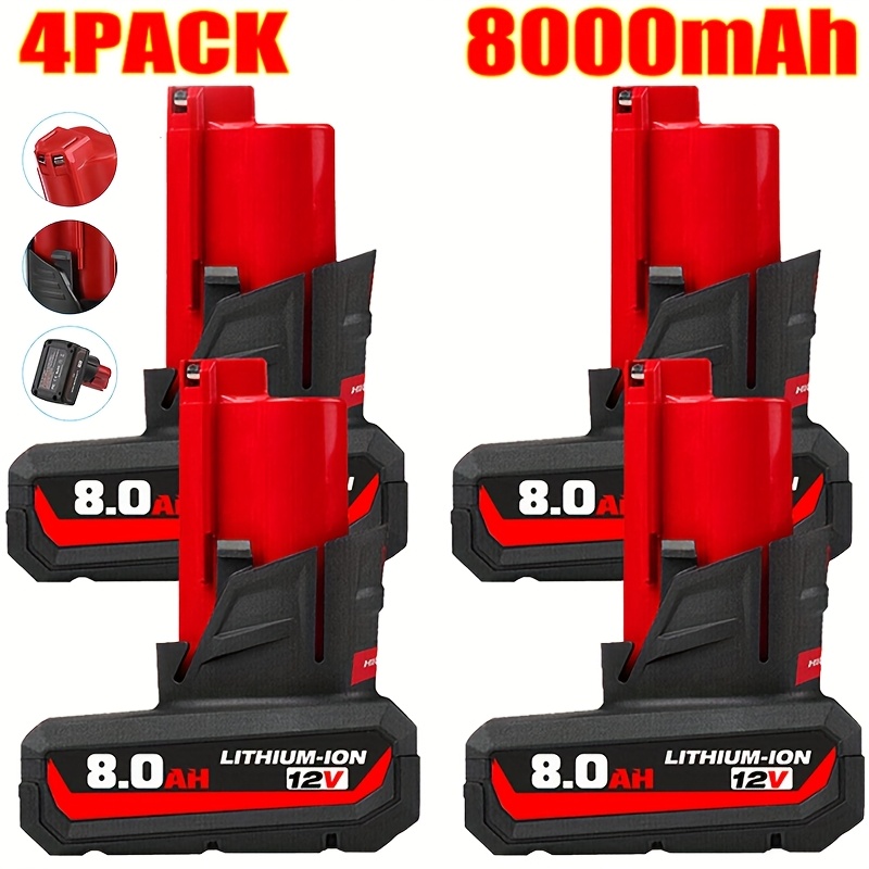 8.0 アンペアアワー M12 交換用バッテリー、ミルウォーキー 12V リチウムイオンバッテリーに適し、XC シリーズ 48-11 と互換性があります。