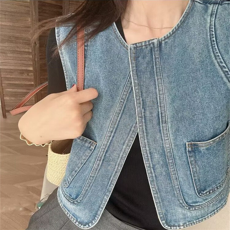 Sping 女性のデニムベストブルー韓国ファッションルーズショートジャケットベストトップジーンズ生地 O ネック固体ノースリーブカーディガン女性