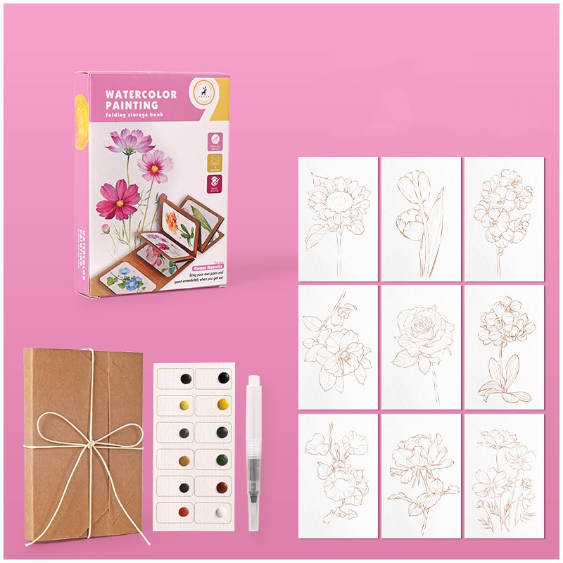 Bview Art 芸術的水彩キット: 12 パン固形絵の具、拡張可能なクラフト紙フォルダー付き、コンパクトな旅行用絵画用品