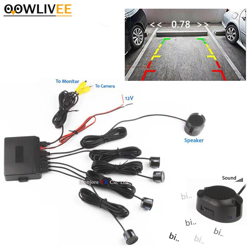 OOWLIVEE 駐車場センサー 4 車リバースバックアップバックステップブザーレーダー警告 Parktronic ビデオシステムカーラジオ画像カメラ