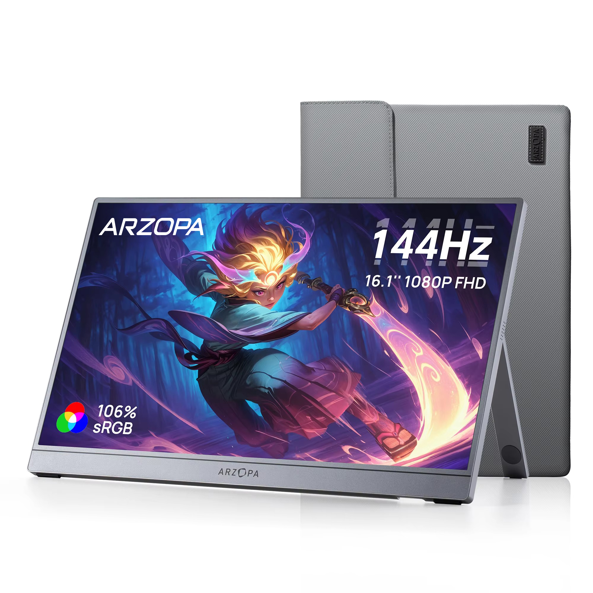 [新品] ARZOPA 16.1 インチ 144Hz ポータブル モニター、106% sRGB、1080P、収納バッグ付き、外部セカンド スクリーン、Z1FC-グレー
