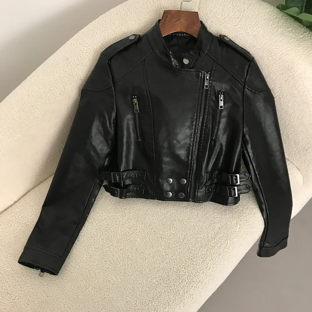 フェイクレザーバイカージャケットの女性のファッションスリムショート新ファッションオートバイ PU コート春丈ジャケット女性ジッパー