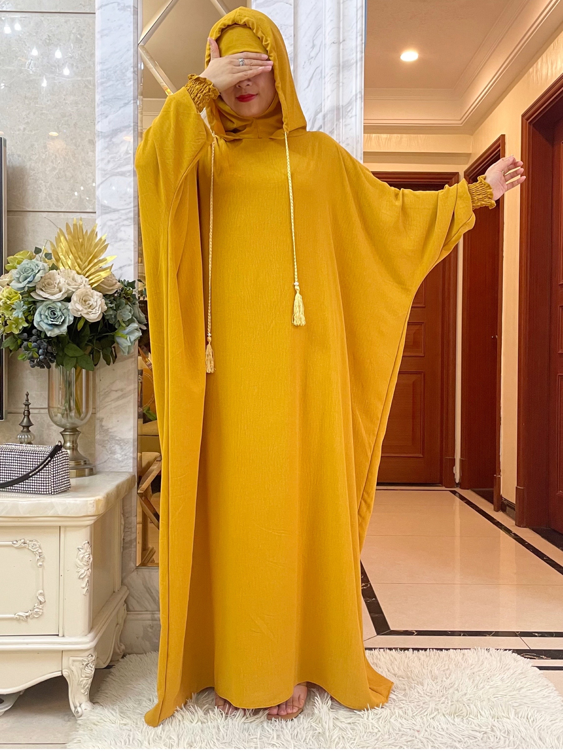 新しいラマダンイスラム教徒二つの帽子アバヤドバイトルコイスラム祈りの服高級アイスシルク生地ドレスイスラム女性ドレスカフタン