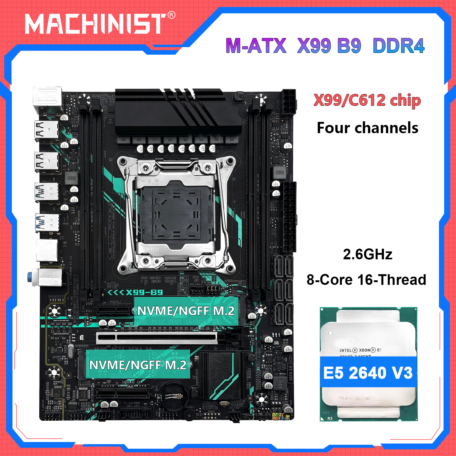 MACHINIST X99 B9 マザーボードキット Xeon E5 2640 V3/2630 V3/2620 V3 CPU LGA 2011-3 DDR4 4 チャネル RAM C612 チップ NVME/SATA M.2