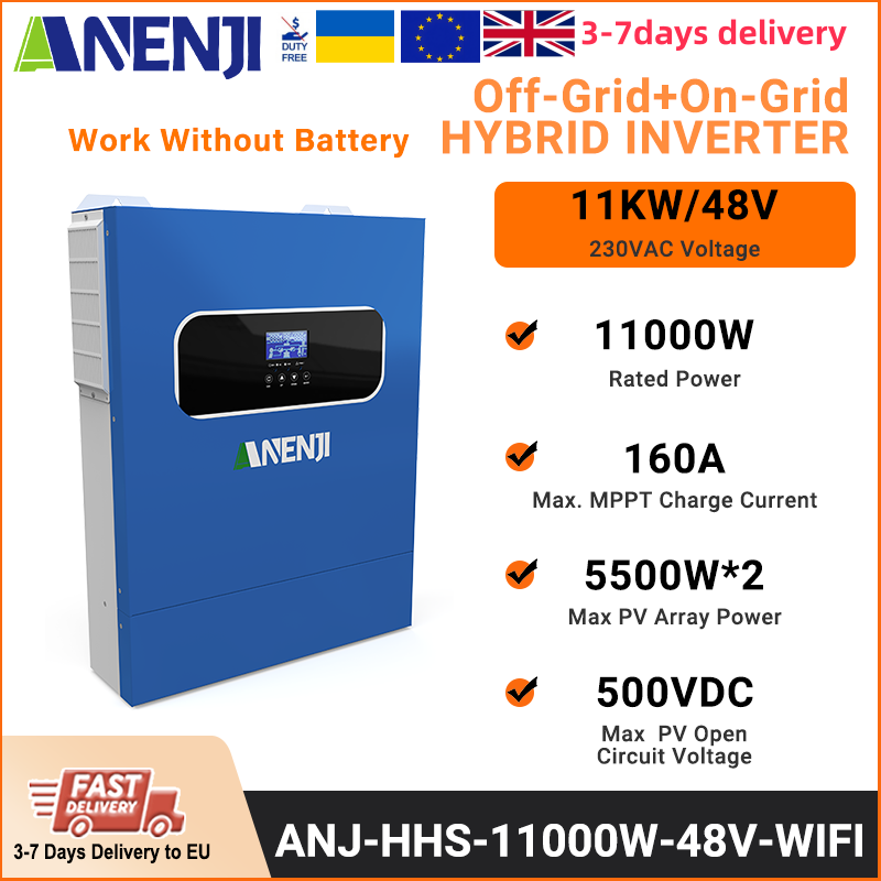 11KW 48V ANENJI Hybrid Solar Inverter 2 MPPT Dual PV Input 230VAC On/Off Grid Solar Inverter PV 160A Solar Charger Built-in WIFI