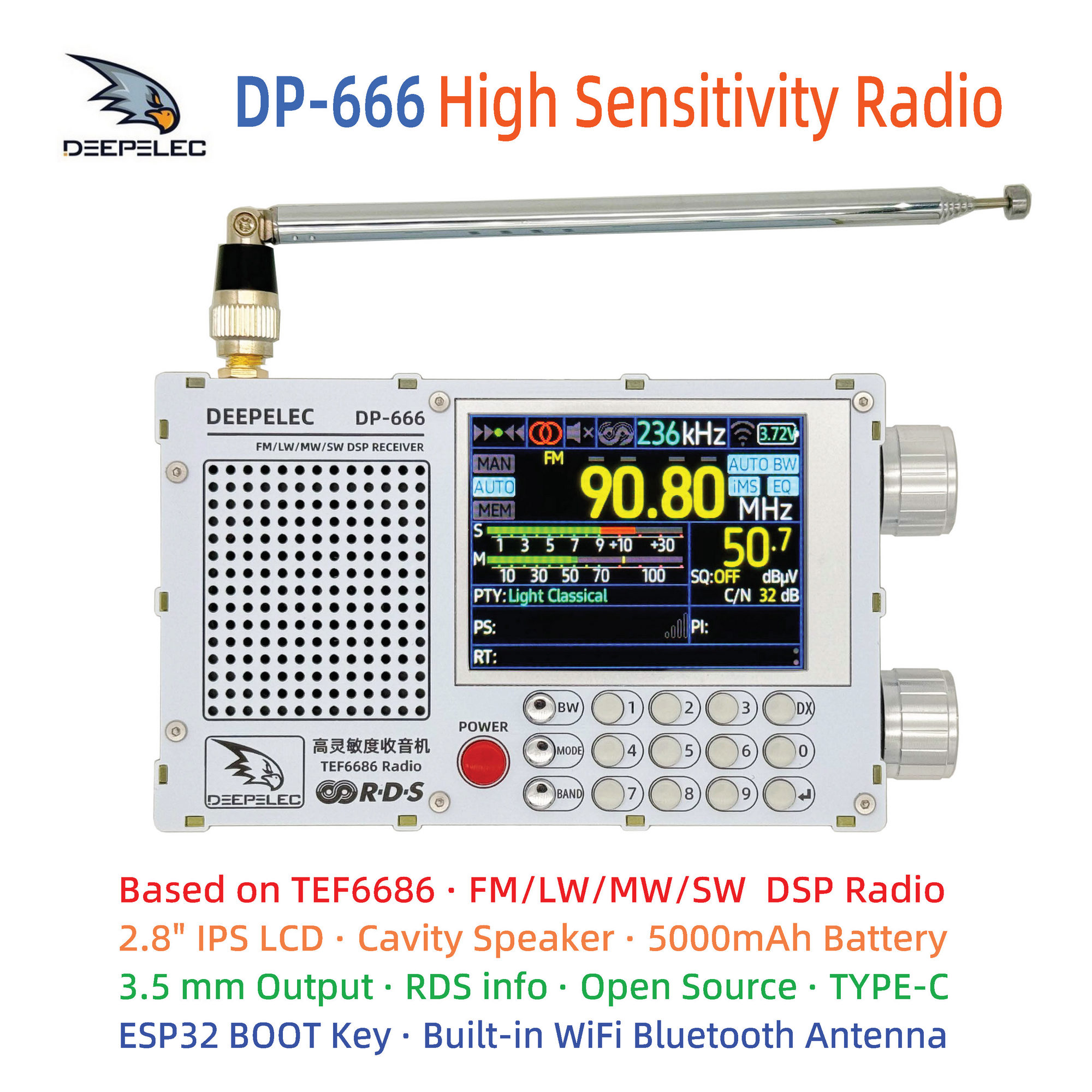 DP-666 DEEPELEC TEF6686 ラジオ 高感度フルバンド FM AM LW MW SW 短波 ESP32 RDS 2.8 インチ IPS 液晶