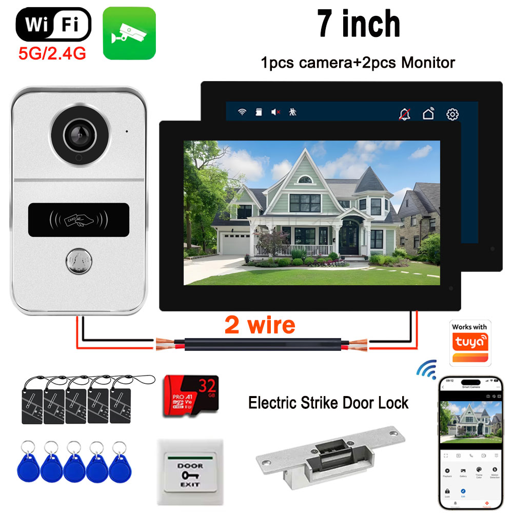 HD 1080P 2 ワイヤー WiFi ドアベルインターホン 2 個 7 インチタッチモニター Tuya スマートホームビデオドアホンシステム電気ストライクロック付き