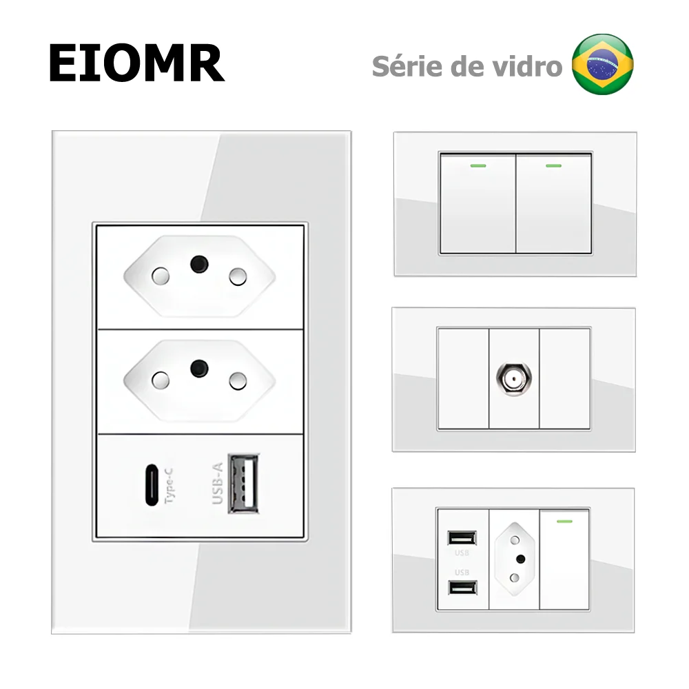 EIOMR ホワイト強化ガラス USB タイプ C ブラジル標準コンセント、USB 充電 TV TEL CAT6 ポート、ブラジルプラグ壁ソケットライトスイッチ