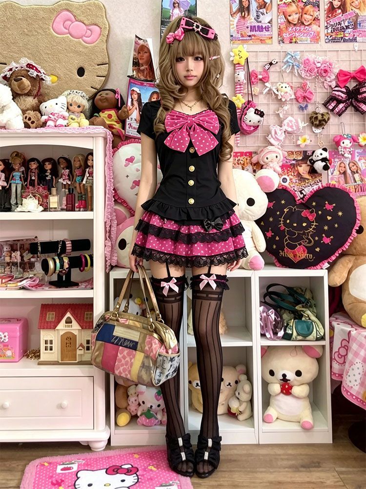 ひめかじ女性のドレススリム Y2k ポルカドット 2 点セットボウトップミニスカートパンクゴスの基本ドレス原宿夏日本かわいい