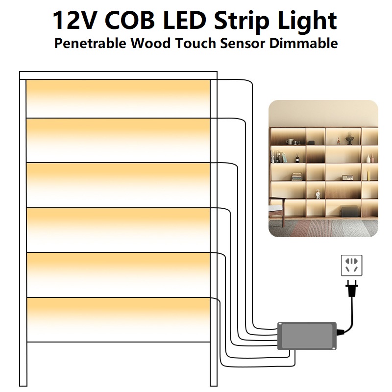 アンダーキャビネットコレクションランプタッチ調光可能なCOB LEDストリップライトDC 12V本棚ワードローブクローゼットテープEU US AU UKプラグ付き