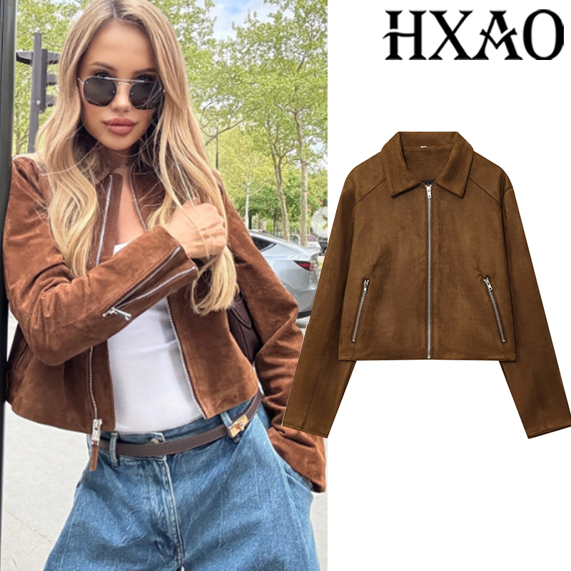 HXAO 女性のボンバージャケット秋クロップドコートスエードジャケット女性長袖フェイクレザージャケットジッパーオートバイジャケット