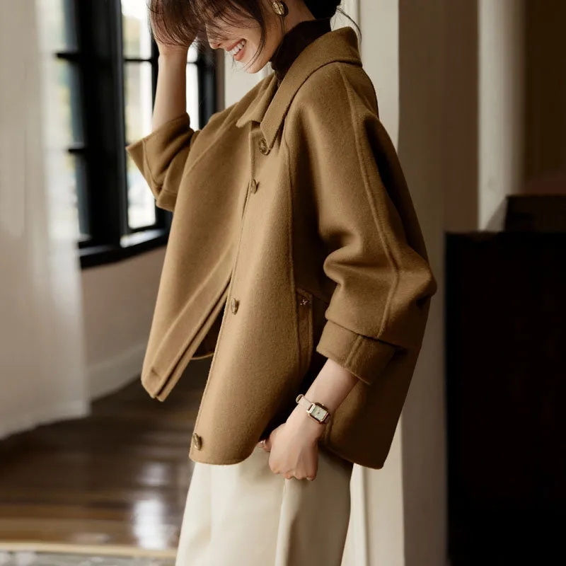 長袖ウールブレンド女性生き抜く韓国大きいサイズ 4XL ウールショートレディースジャケット冬のフリップカラーウールの女性のコート