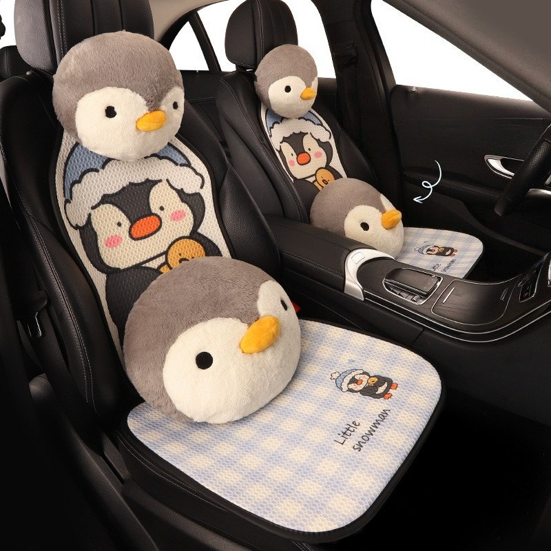 かわいいペンギンシートクッションカバーフレッシュブルー市松四季ユニバーサル漫画デザイン快適なカーシートクッション