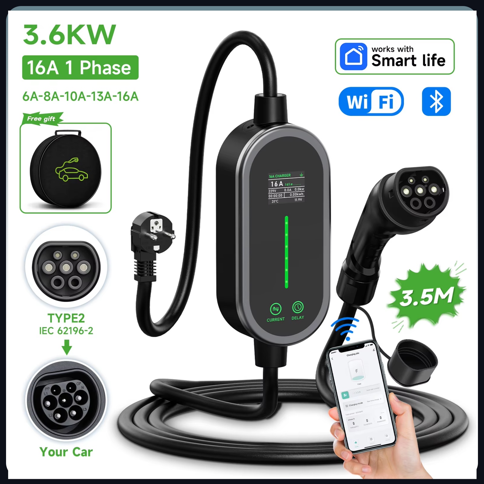 AFEEV 16A 3.6KW ポータブル充電器タイプ 1/タイプ 2 電気自動車充電器 EVSE 充電ケーブルウォールボックス WiFi アプリ Bluetooth EU プラグ