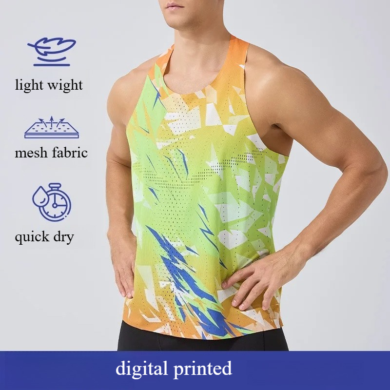 マラソン速乾性ランニングシングレットメンズベスト夏プリント薄型フィットネス服スポーツノースリーブ Tシャツワークアウトジムトップ