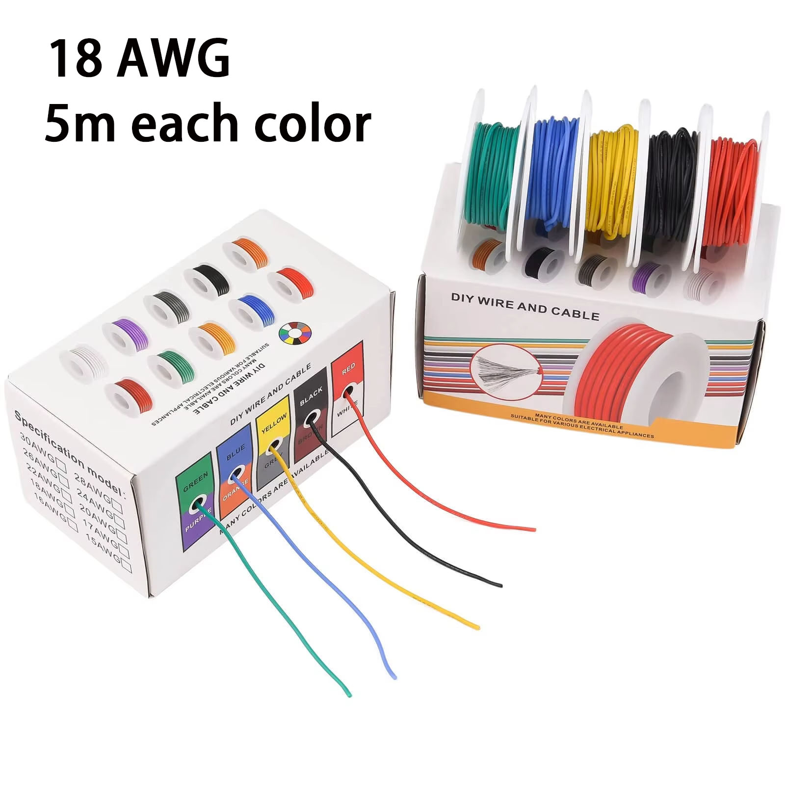18AWG ワイヤーフレックスシリコン 18 ゲージ撚線錫メッキ銅線、外径 2.3mm、5 色 16.4ft/5m、電気接続ワイヤーキット