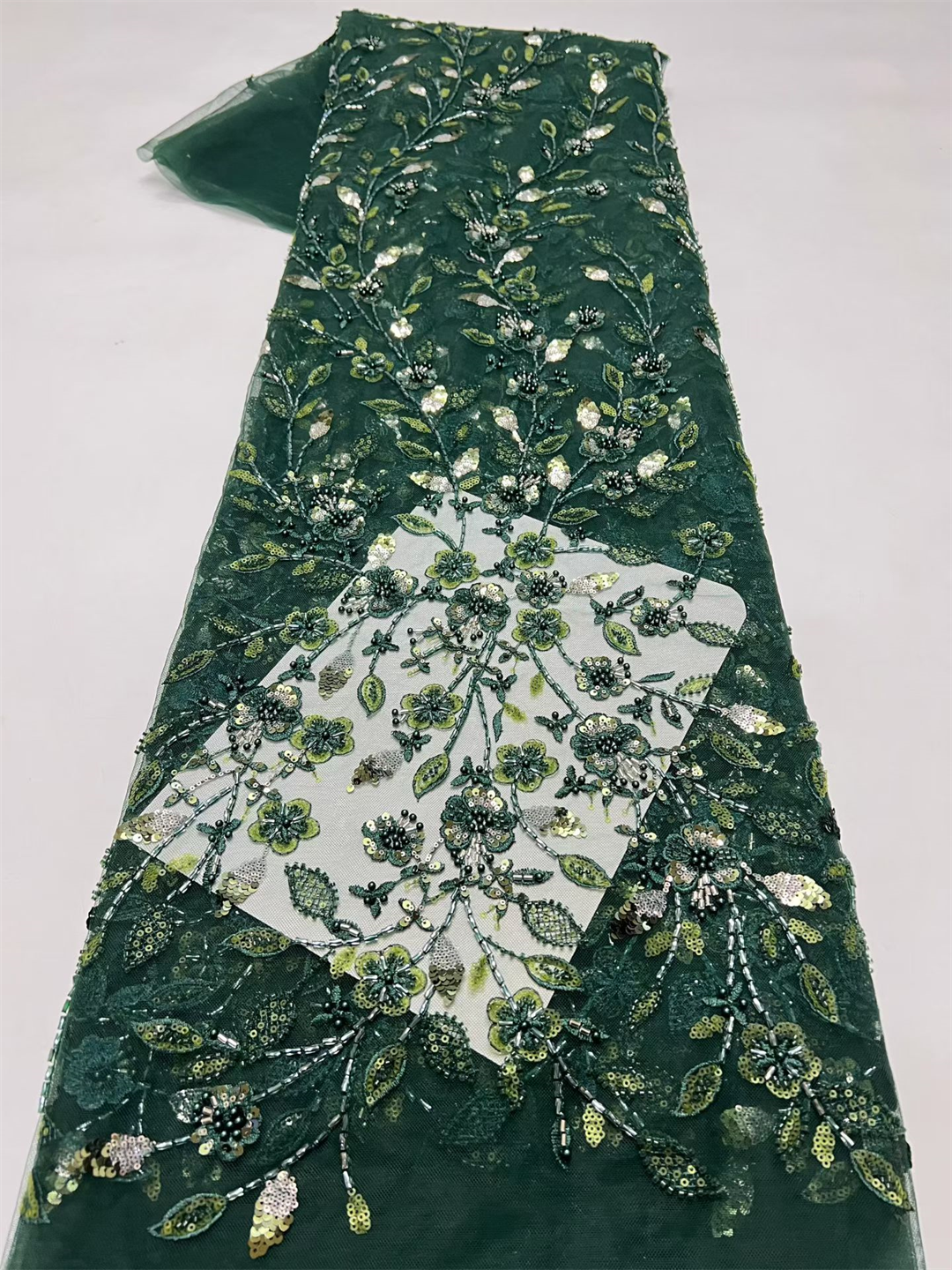 アフリカンレース生地 2026 フレンチ 3Dフラワー グリーン スパンコール刺繍ビーズ チュール 1ヤード 高品質 パーティードレス用