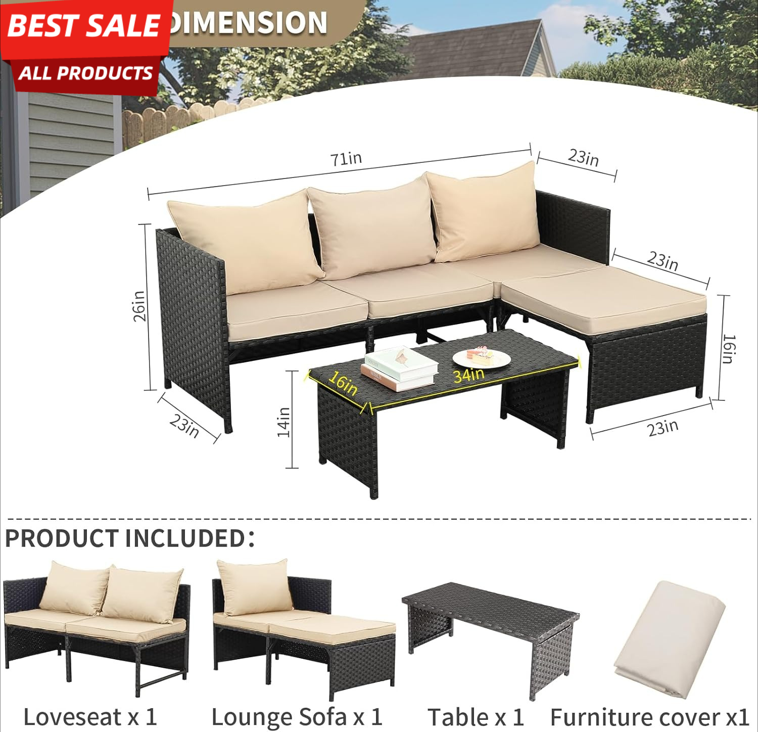 3 ピース屋外 PE 籐家具セットパティオ黒籐会話二人掛けソファセクショナルソファカーキクッション