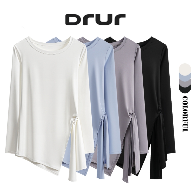 DRUR 長袖ヨガラップトップ O ネック薄型ネクタイフロントワークアウトバレエピラティス Tシャツブラウスカジュアルストリートシャツ