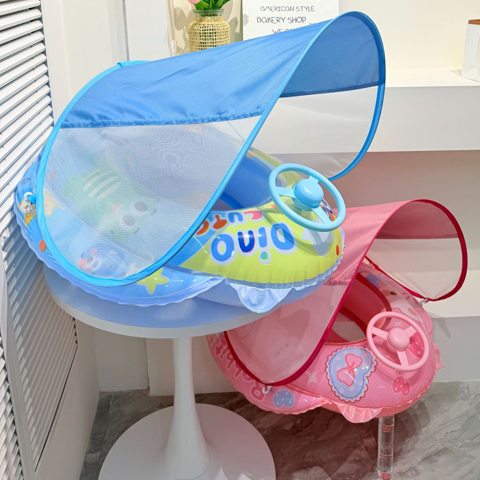 PVC ベビープールフロート キャノピーと転倒防止シート付き インフレータブル幼児用フロート ステアリングホイール付き 対象年齢6～36ヶ月