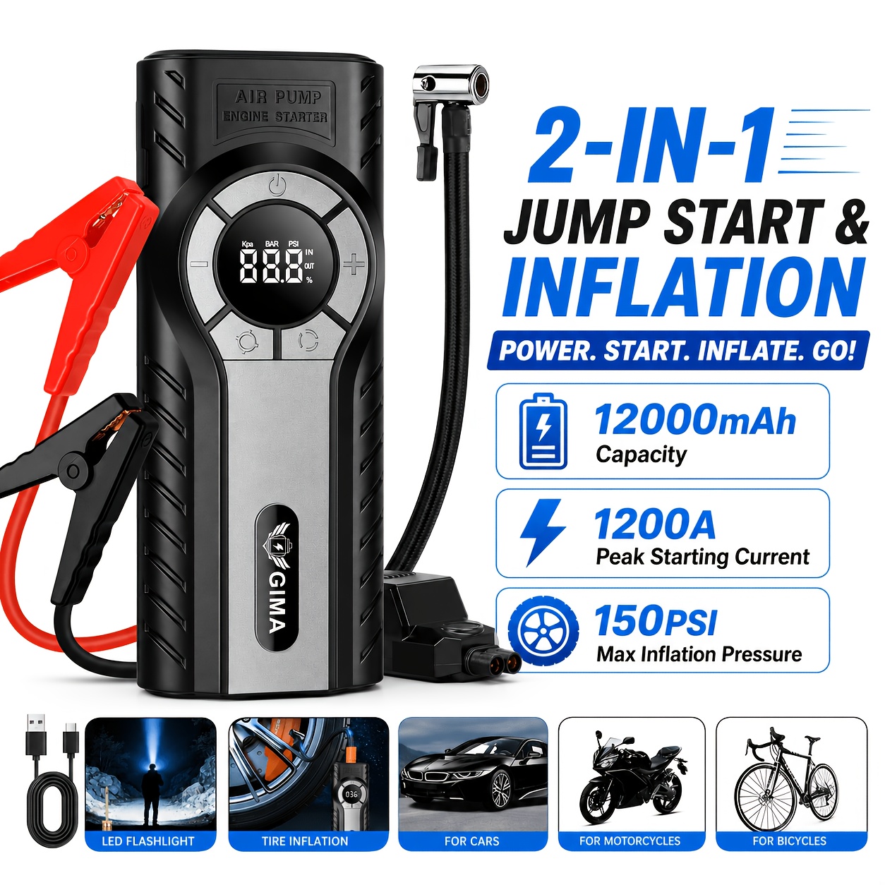 8 IN1 ジャンプスターター エアコンプレッサー付き、1200A ポータブルカーバッテリーブースター (9.0 ガス/1.72gal ディーゼル) 150PSI 自動シャットオフタイヤインフレーター付き、12V スーパーセーフリチウムジャンプボックスカーバッテリージャンパー
