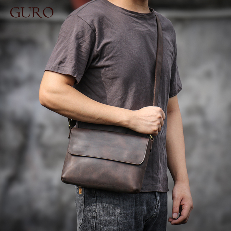 GURO ヴィンテージ本革ショルダーバッグメンズデイリーフラップクロスボディ高品質クレイジーホース牛革メッセンジャーバッグ 8 インチ Ipad