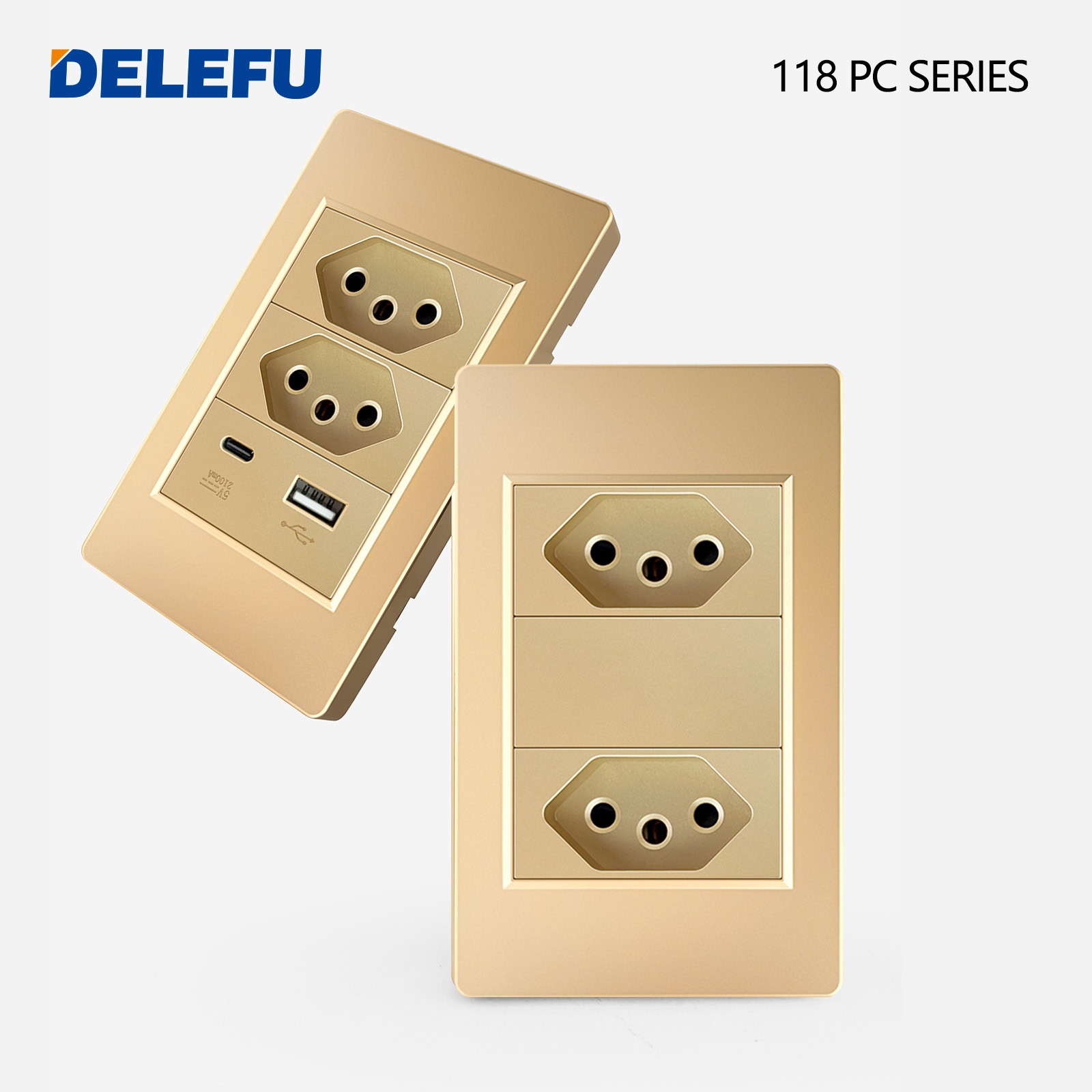 DELEFU ブラジル標準 10A 20A ゴールド耐火 PC パネルデュアル USB タイプ C ホームウォールライトスイッチ安全電源ソケット