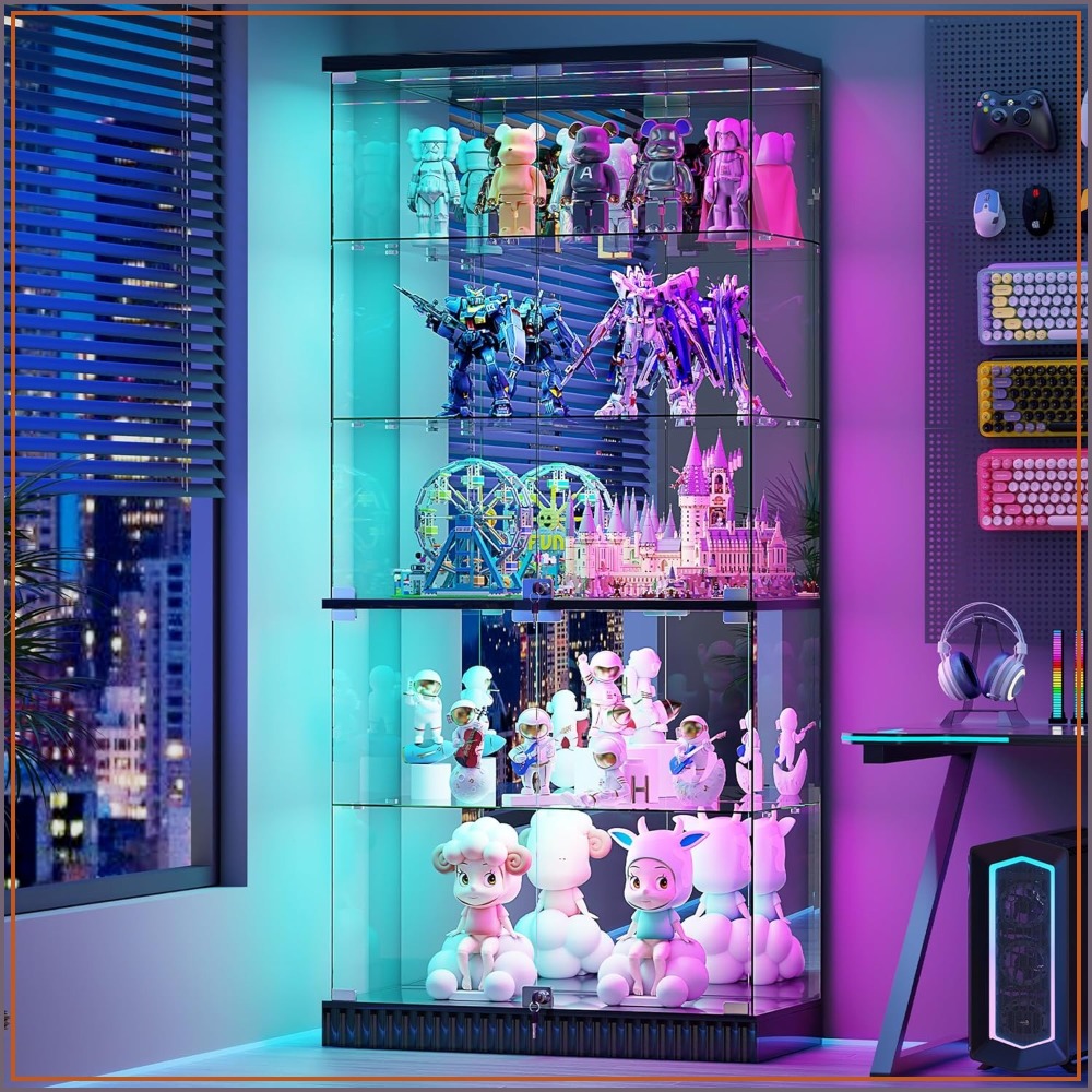 ガラスディスプレイキャビネット RGB ライト 5 段ロック付きキュリオケース 収集品用 ブラック