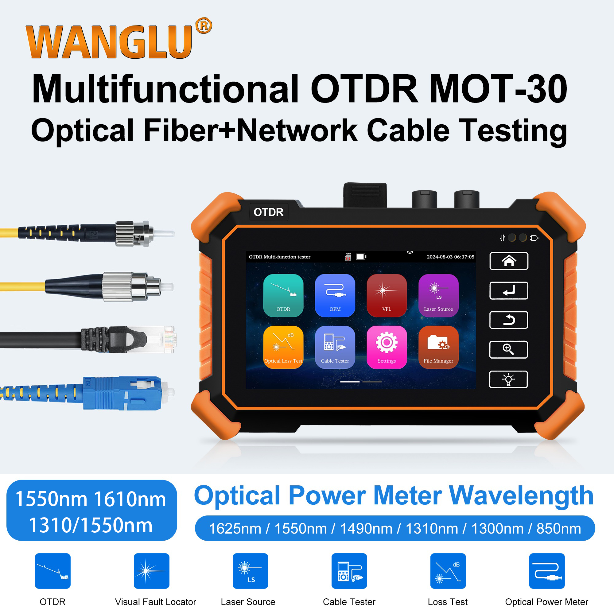 WANGLU 多機能 OTDR ファイバーテスター 光反射率計 4 インチ MOT-30 1550nm 1310/1550nm 1610nm OPM VFL LS UTP イベントマップ付き