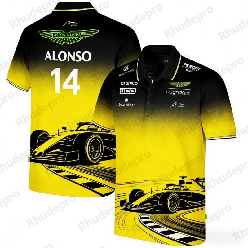 アストンマーティン チーム アロンソ 14 F1 レーシング テーマ ポロシャツ スポーツ カジュアル トップ ユニセックス ファッション プリント 半袖