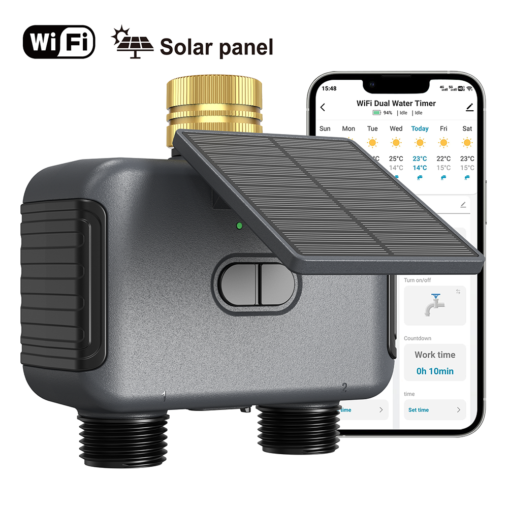 ソーラーWiFi灌漑タイマー2ゾーンスマートガーデン水コントローラプログラマブルUSB-C芝生庭用自動灌漑スプリンクラー