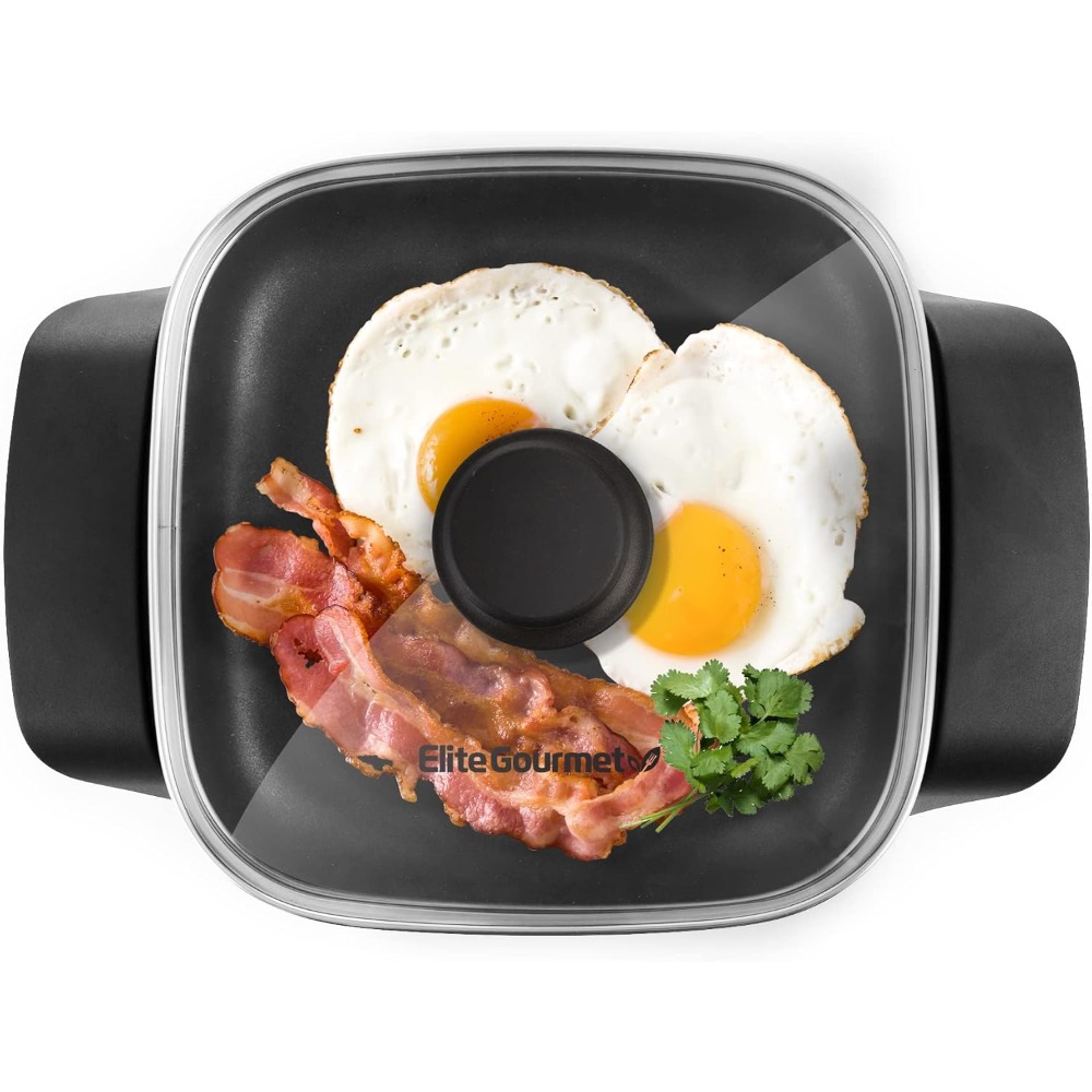 ノンスティック電気スキレット 8 インチ スクエア フライパン ガラス蓋付き 急速加熱 600W 食器洗い機対応 ブラック
