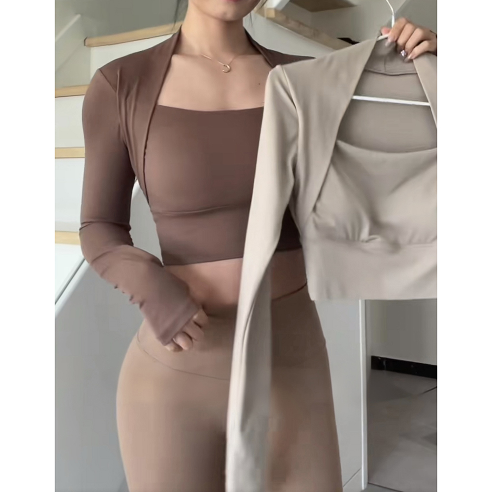 フィットネス胸クッションスポーツトップ女性長袖シャツプラスピード​​アップショートエレガントダンスヨガ服小さなウエストバンドジム