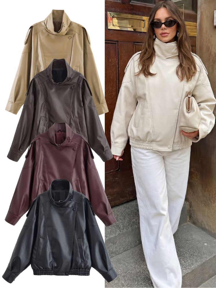 HH 女性春秋フェイクレザージャケット 2026 ヴィンテージ特大バイカーコート女性ルーズフィットスタンドカラー防風ストリート