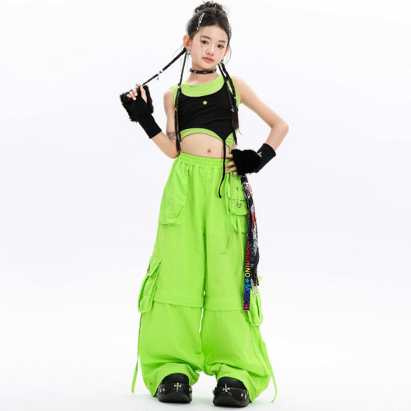 Girls Hip Hop Street Dance Clothes Set Summer Sleeveless Tops Green Cargo Pants Group Cool Jazz Dance Kpop Performance Costumes