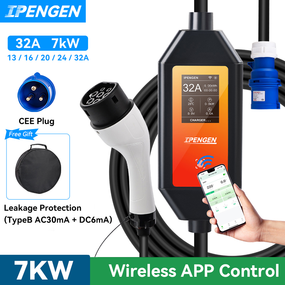 IPENGEN 32A 7KW Type2 Type1 EV 充電器ポータブル GB/T 電気自動車充電器 1 相 EVSE 充電 5 メートルケーブル WiFi APP 制御