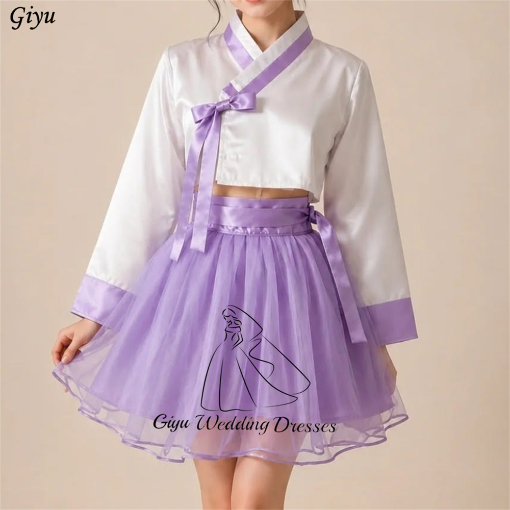 Giyu ミニアイボリーとパープルのコントラストカラー韓服 A ラインフルスリーブ韓国結婚式の写真撮影ドレスパーティードレスカスタマイズ