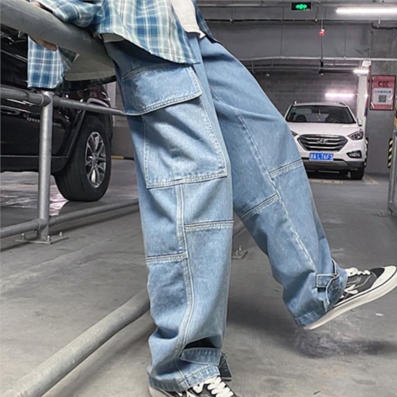 カーゴジーンズ男性ルーズストレートだぶだぶのメンズジーンズモッピングパンツヒップホップストリートスケートボードニュートラルデニムワイドレッグデニムパンツ