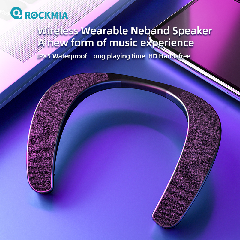 Rockmia EBS-905 3 ワット * 2 ウェアラブルネックバンドスピーカー Bluetooth 5.0 ハンズフリー耳なしテレビゲームプレイホーム屋外使用 TF カード