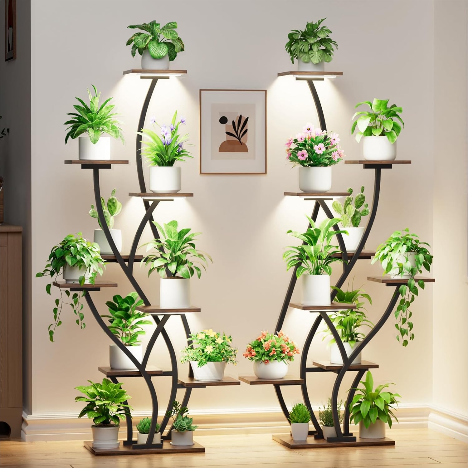 高さ61インチの植物スタンド、屋内植物用の成長ライト付き、9段大型コーナーシェルフ2個セット、リビング用の翼付き金属ホルダー