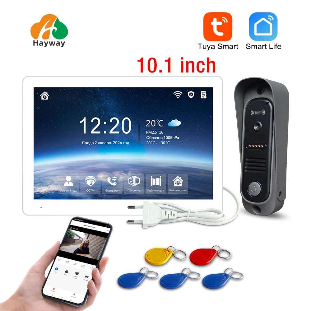 4線式10インチTuya 1080P Wifiスマートビデオドアホンインターホンシステム、家庭用有線ドアベル、カードスワイプ/タッチスクリーン付き