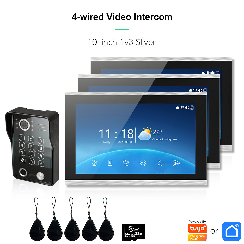 ANZIELO 指紋 5in1 ロック解除ドアベルビデオインターホンタッチスクリーンビデオドアホン 1080P Tuya セキュリティ保護 3 モニター