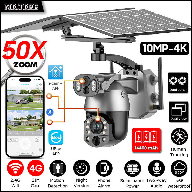 10MP 4K 50X 光学ズームホームソーラーカメラ 4G SIM CCTV 屋外監視 WiFi セキュリティ PTZ 自動追跡ナイトビジョン IP カム