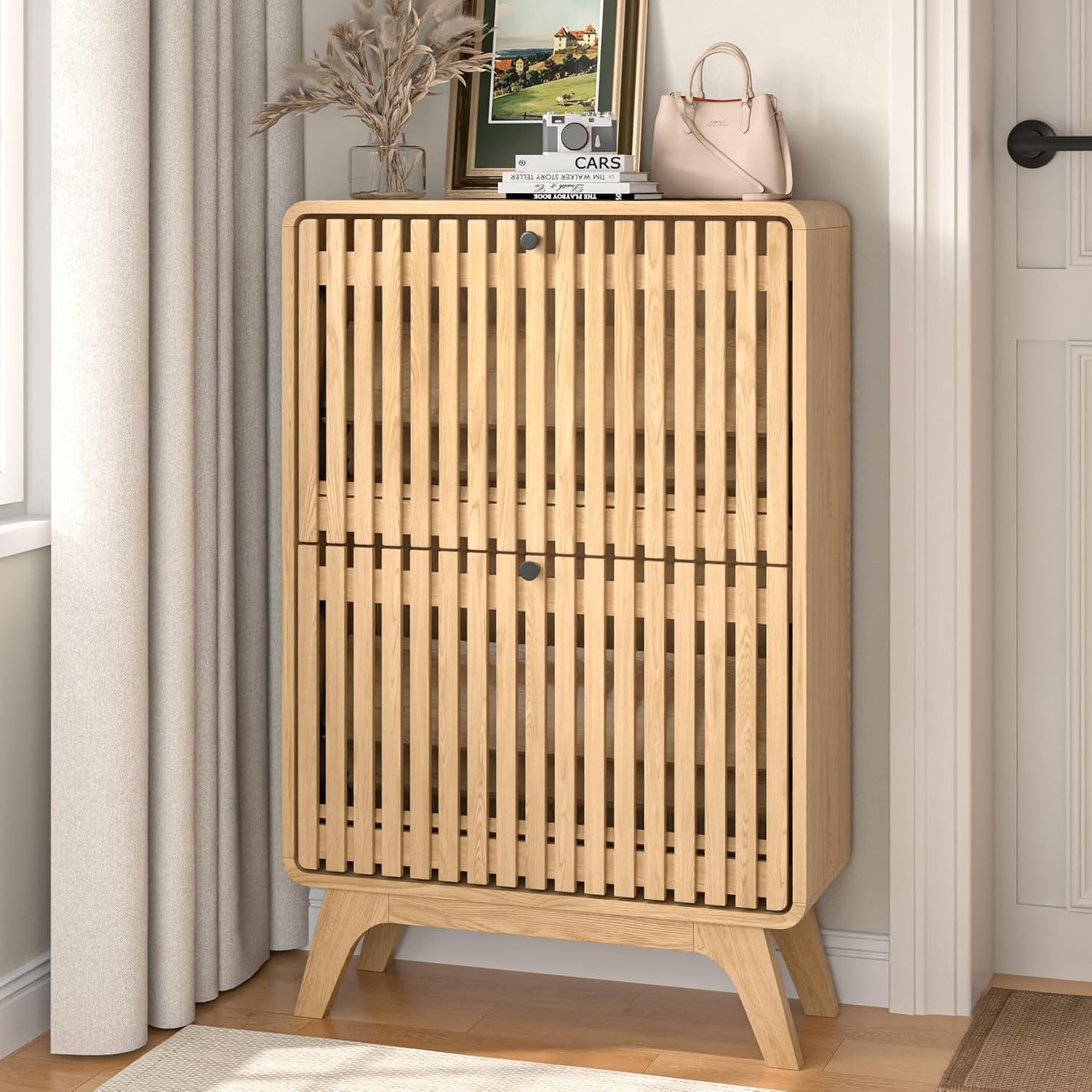 Narrow Shoe Cabinet Storage for Entryway, Modern Cabinet Rack with 2 Flip Drawers, Slim Wood Fluted Entry Way Shoe, Customized