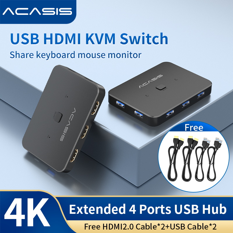 Acasis USB KVM スイッチ USB 3.0 キーボードマウスプリンタ HDMI 互換モニターディスプレイ 2PC 共有プラグアンドプレイスイッチ