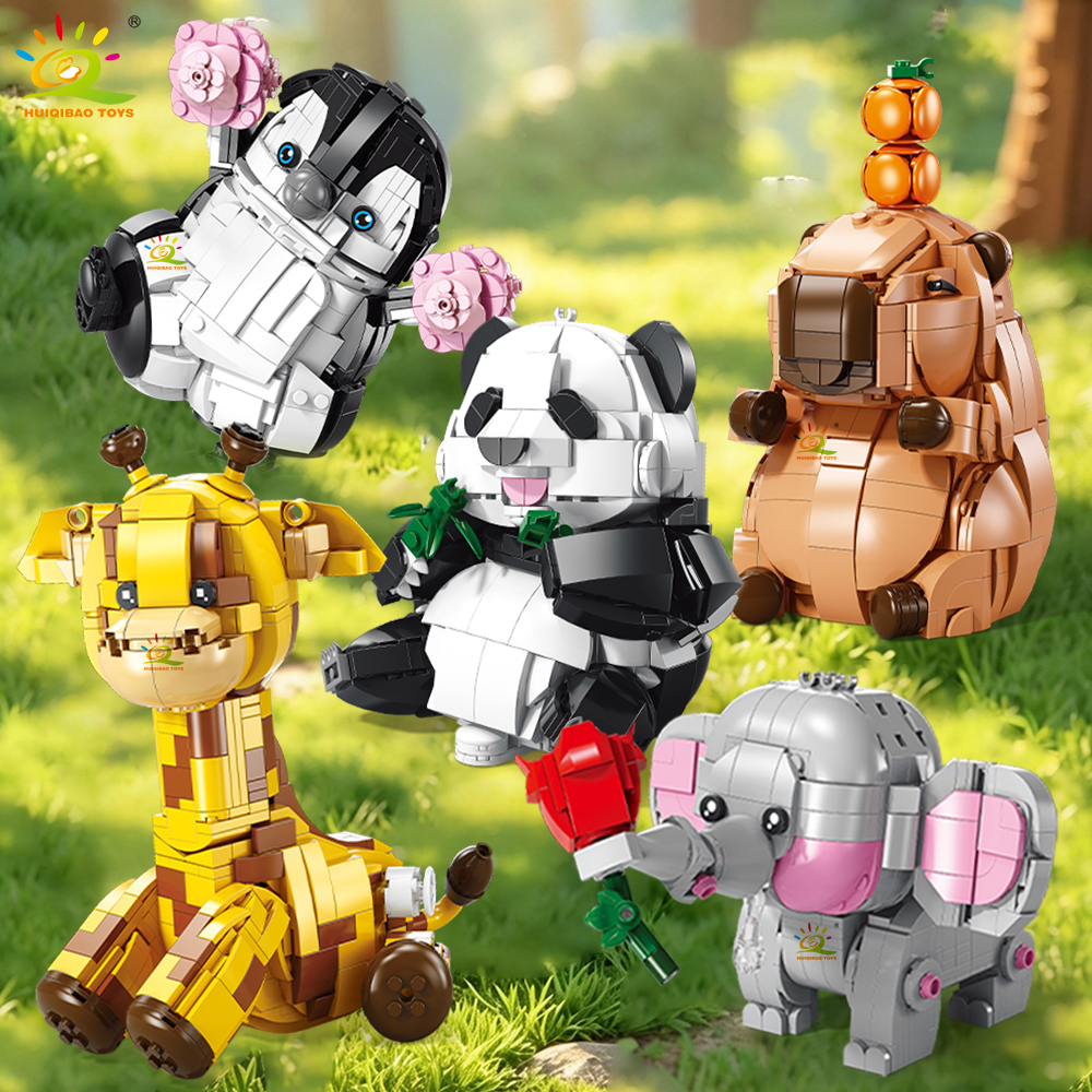 HUIQIBAO パンダキリンペンギン象ビルディングブロック 3 変更 Amimal シリーズアセンブリレンガ都市建設おもちゃ子供のため