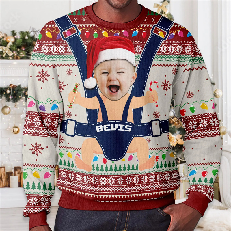 3D プリント人物写真トレーナー男性クリスマスパーソナライズカスタマイズパターンプルオーバー O ネック長袖パーカー